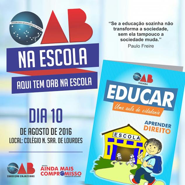Semana do Jurista: Subseção de Cajazeiras inicia atividades do projeto ‘OAB na Escola’ na próxima quarta