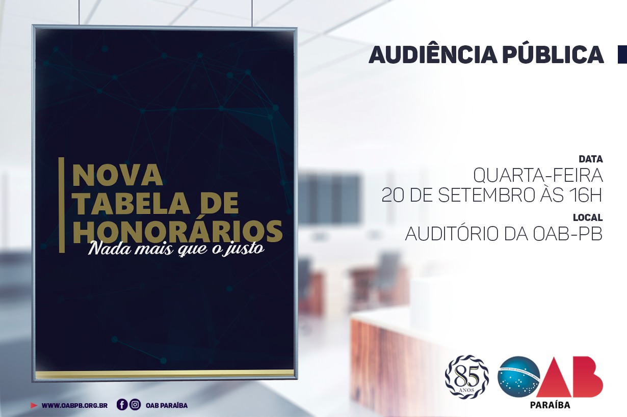 OAB-PB realizará audiência pública para discutir nova tabela de honorários advocatícios