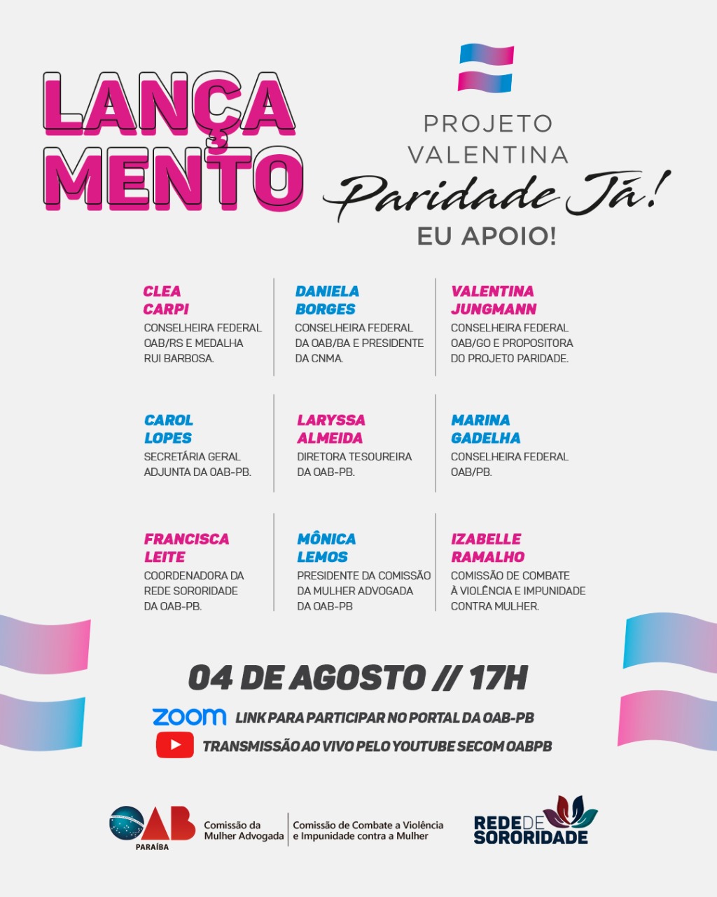 Redes Femininas da OAB-PB lançam “Projeto Valentina” na próxima terça-feira